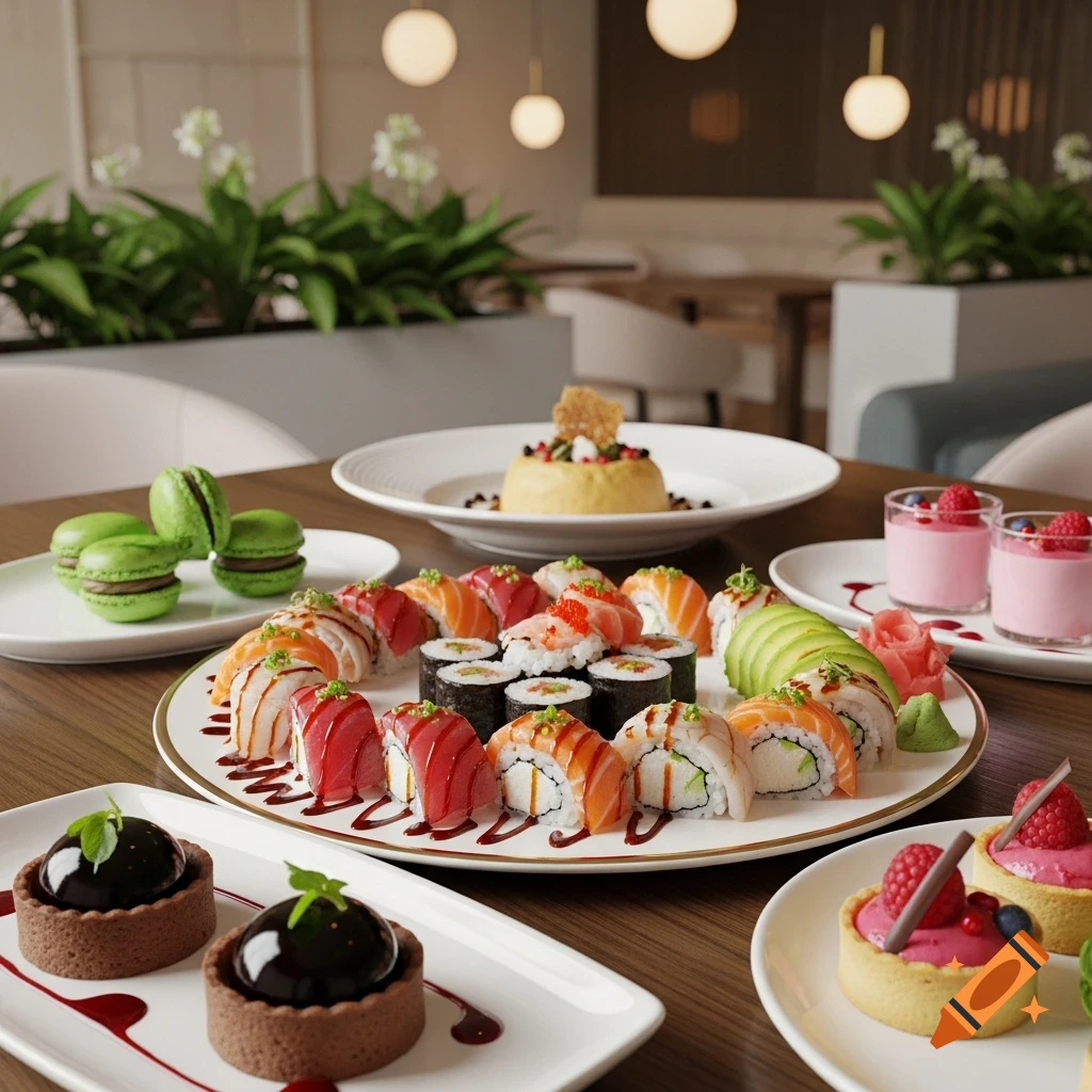 A photorealistic image of a diverse food spread featuring sushi, green macarons, chocolate tarts, and other desserts on a restaurant table.