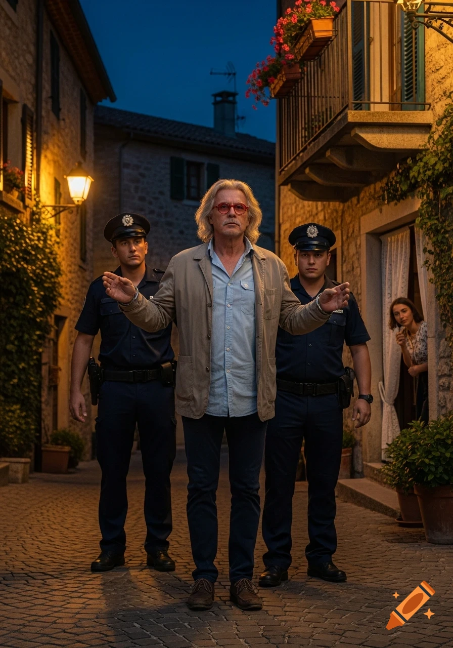 A man with long hair and red glasses, escorted by two police officers, stands on a cobblestone village street at dusk with a woman watching from a doorway.
