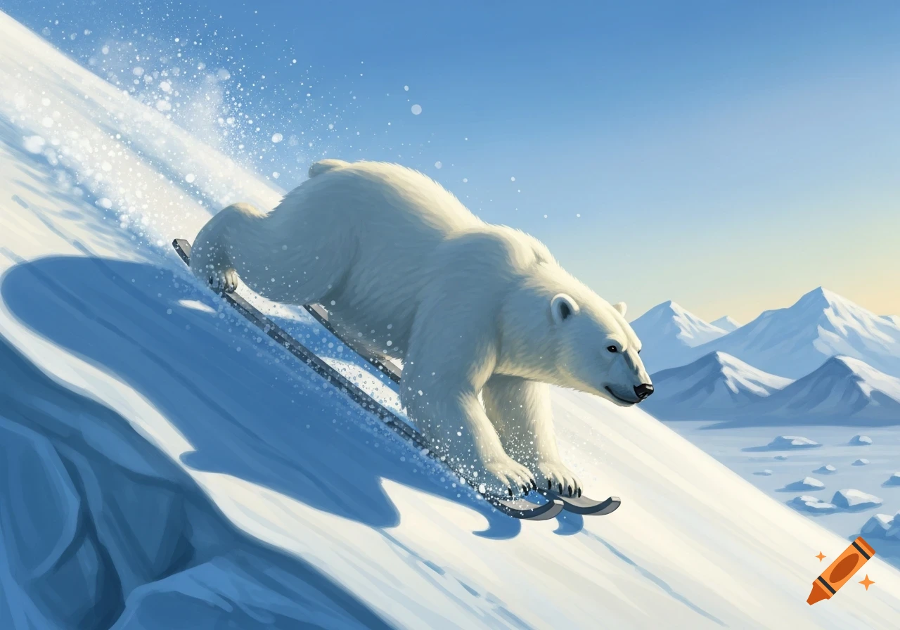 A white polar bear gracefully skis down a snow-covered mountain slope under a clear blue sky, with other mountains in the background.