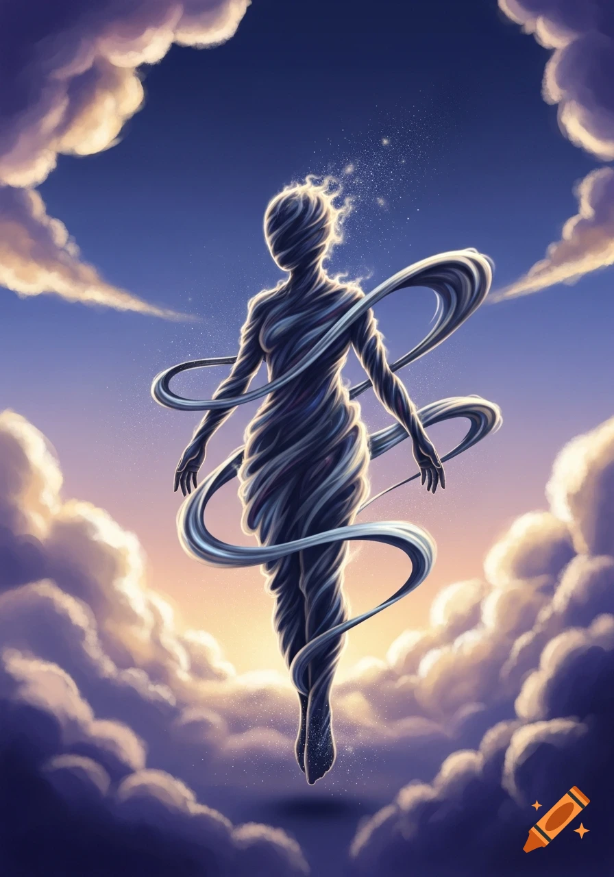 An ethereal figure made of swirling ribbons floats amidst fluffy clouds in a twilight sky.