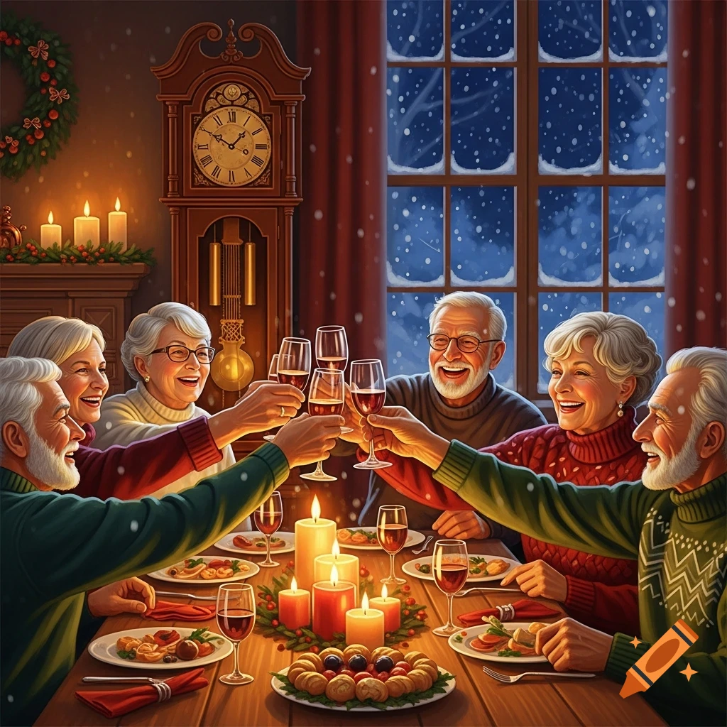 Elderly friends with white hair and beards toast with red wine glasses around a warmly lit dining table with candles and holiday decor, as snow falls outside a window.