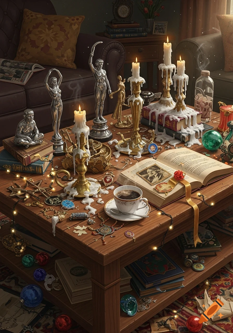A richly detailed wooden coffee table cluttered with melting candles, books, various decorative items, and a cup of coffee.