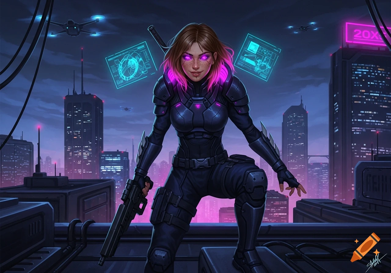 A female warrior with glowing purple eyes and pink-streaked hair, in ...