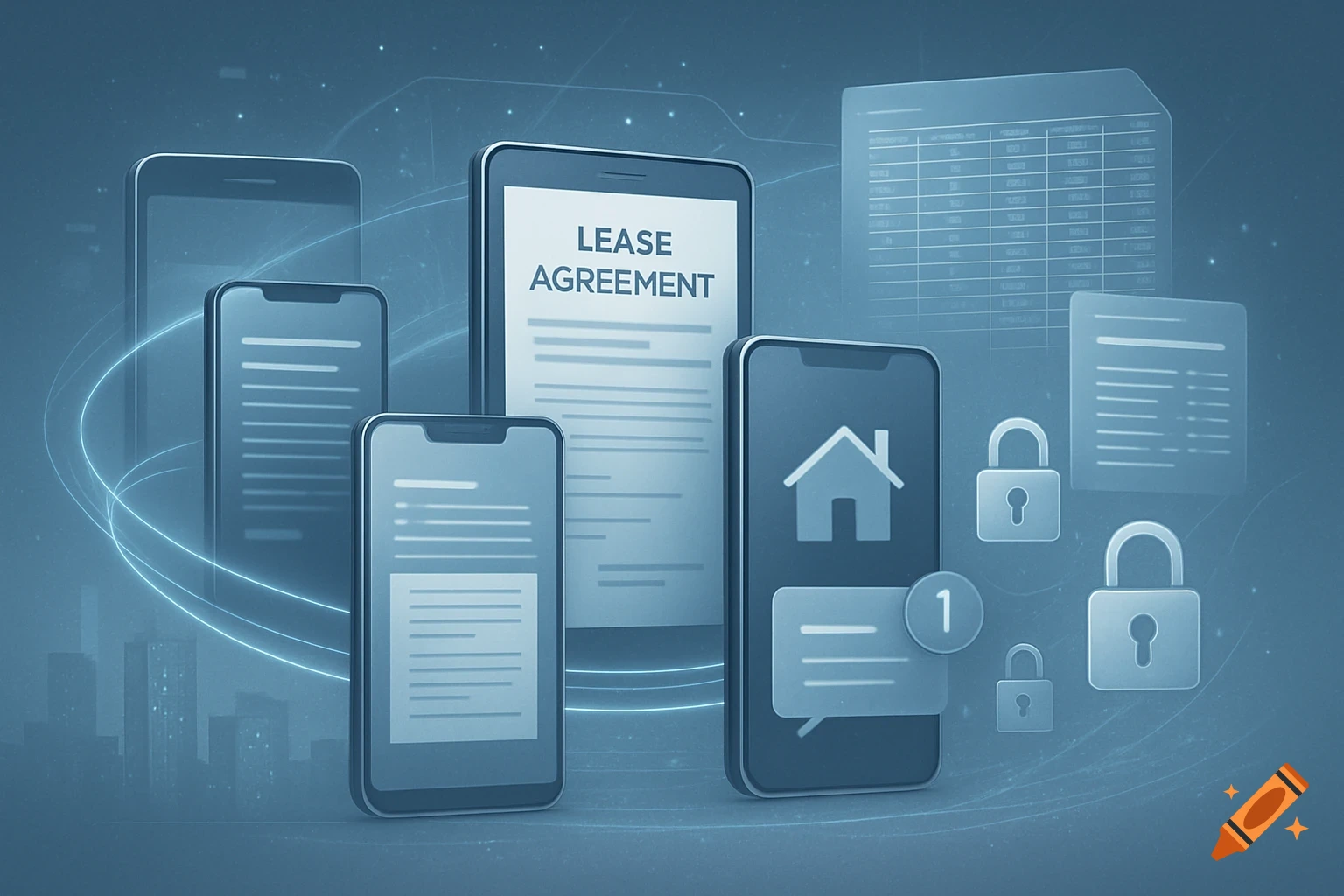 Digital concept showing smartphones with a lease agreement, house icon, message, and padlocks on a blue tech background.