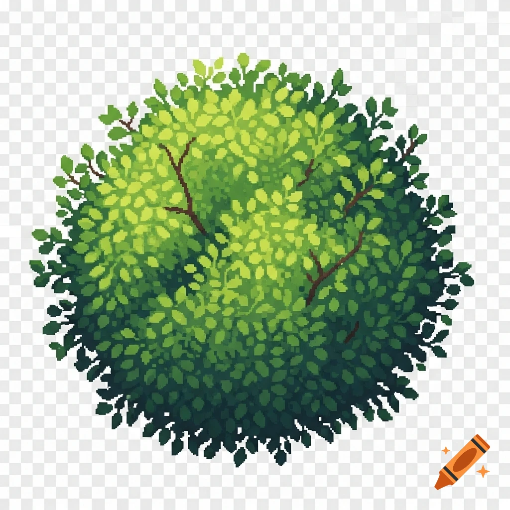 A top-down view of a round, green pixel art bush with brown branches, on a transparent background.