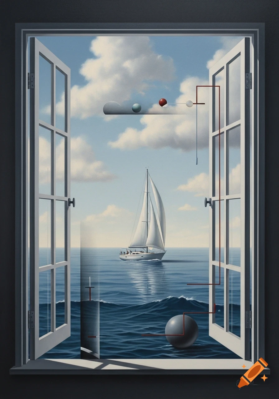 Surreal oil painting through an open window, showing a sailboat on the ocean with floating geometric shapes and red lines.