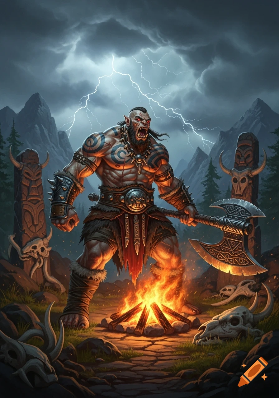 A muscular, fierce demi-orc barbarian with red eyes and tribal tattoos stands by a campfire, holding a large axe under a stormy, lightning-filled sky in fantasy art style.