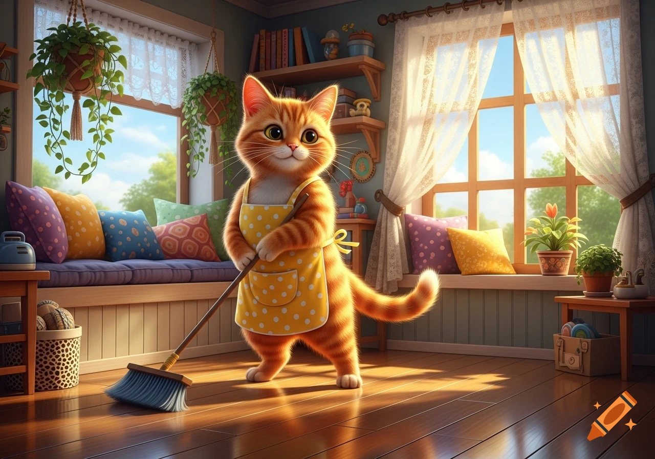 A cute orange anthropomorphic cat wearing a yellow polka dot apron sweeps a sunny, cozy living room with a window seat.
