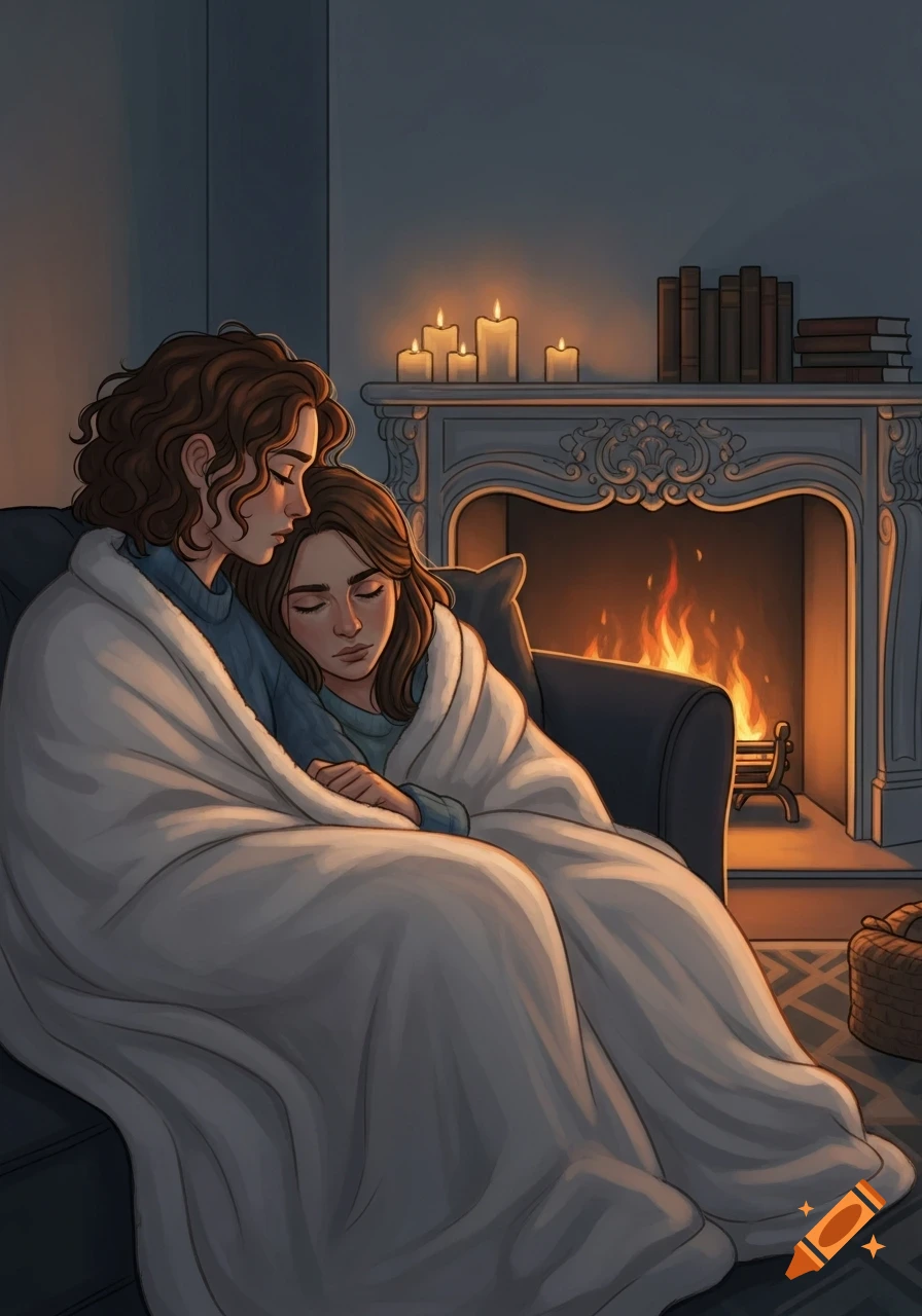 Illustrated scene of two women sleeping cozily under a blanket on a sofa in front of a warm fireplace with candles.
