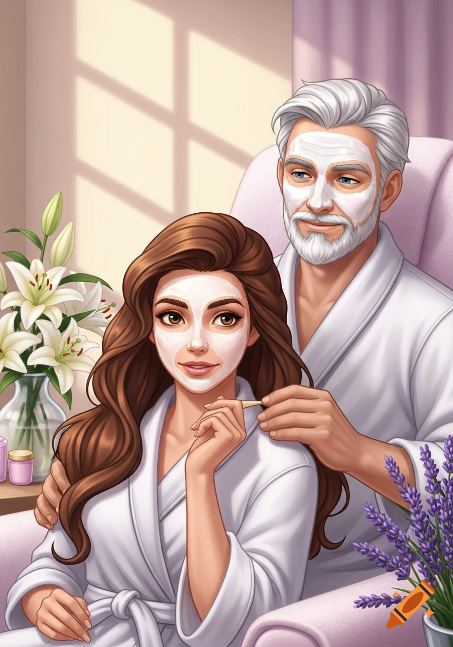 Illustrated man and woman in white bathrobes with face masks, surrounded by flowers at a spa.
