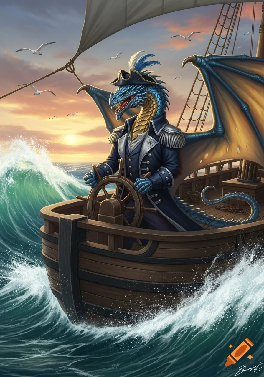A majestic blue and gold dragonborn sailor steers a wooden ship through rough seas at sunset, with seagulls flying overhead.