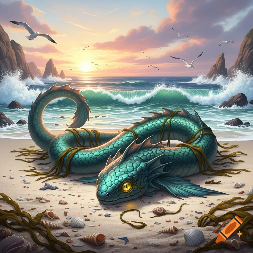 A large, turquoise, scaly sea creature with glowing yellow eyes lies on a sandy beach covered in seaweed, with waves, rocks, and seagulls at sunset.