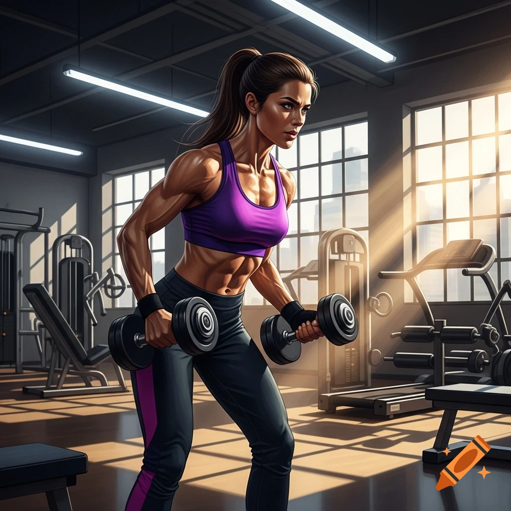 A strong, muscular woman with a ponytail intensely works out in a gym, holding dumbbells, with sunlight streaming through large windows.