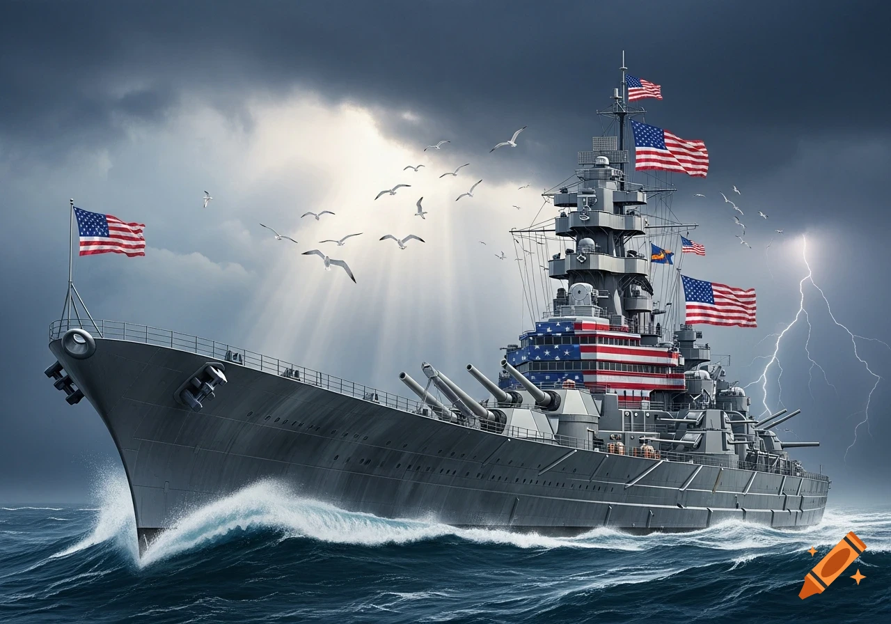 A large grey battleship flying US flags sails through stormy seas with lightning under a dramatic sky, surrounded by seagulls.