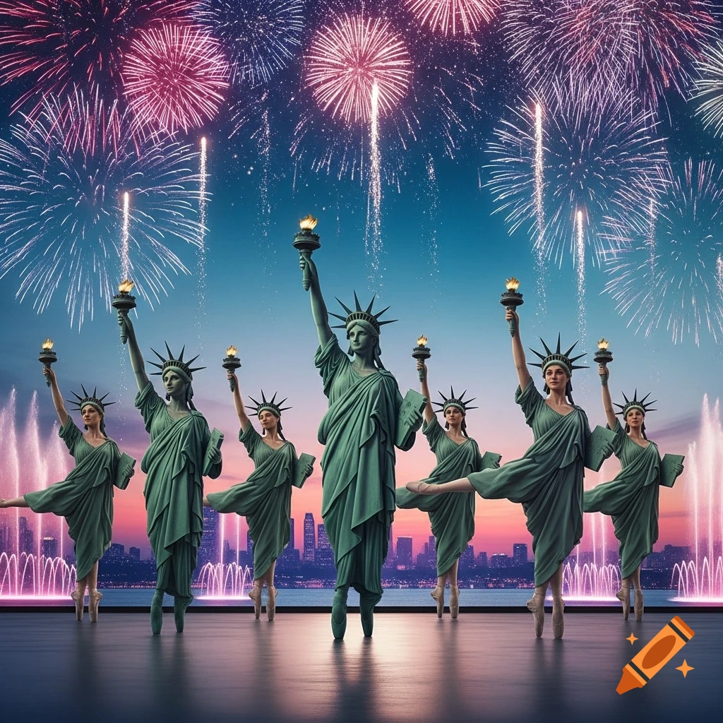 Six women in Statue of Liberty costumes perform ballet en pointe under vibrant fireworks and a city skyline. Photorealistic style.