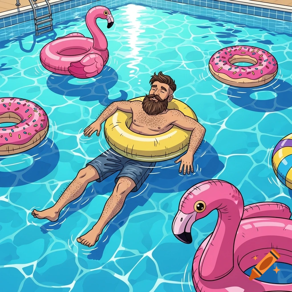 A cartoon bearded man in an inner tube floats peacefully in a blue swimming pool surrounded by pink flamingo and donut floats.