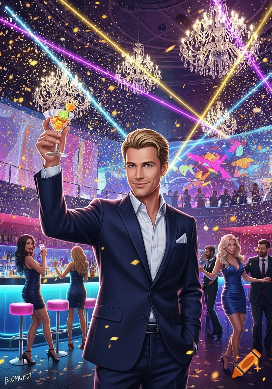 Smiling man in a suit raises a cocktail in a vibrant, confetti-filled nightclub with chandeliers and partygoers. Digital art.