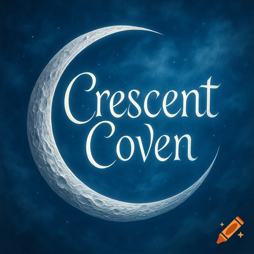 A logo with 'Crescent Coven' in white script on a textured crescent moon against a dark blue starry, cloudy sky.