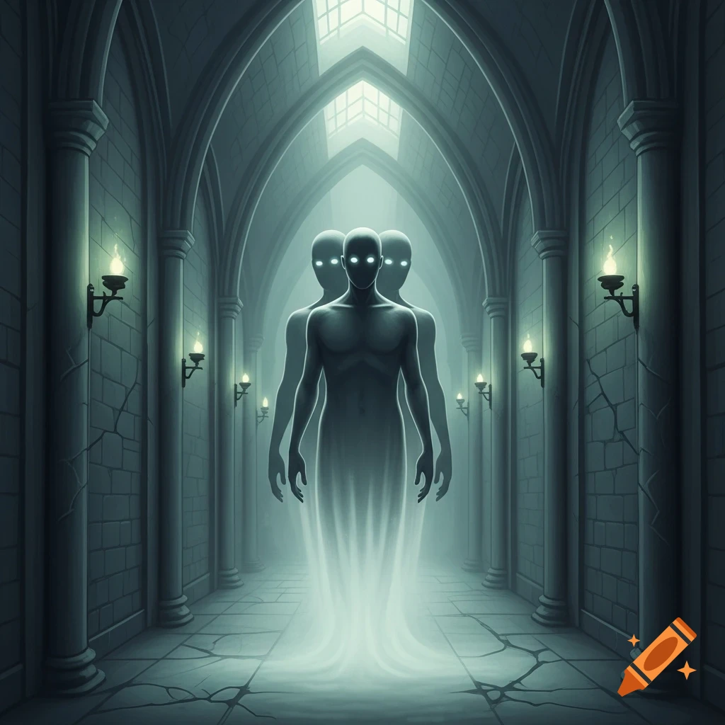 Three glowing specters with white eyes float in a dim, arched gothic corridor illuminated by wall sconces.