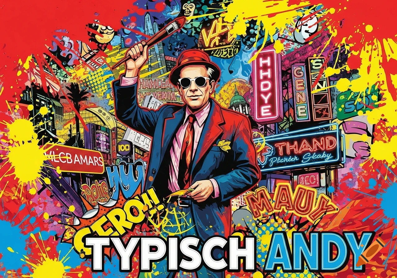 A man in a suit and fedora with sunglasses holds a paintbrush, surrounded by a vibrant, graffiti-style urban landscape with neon signs. The text 'TYPISCH ANDY' is at the bottom.