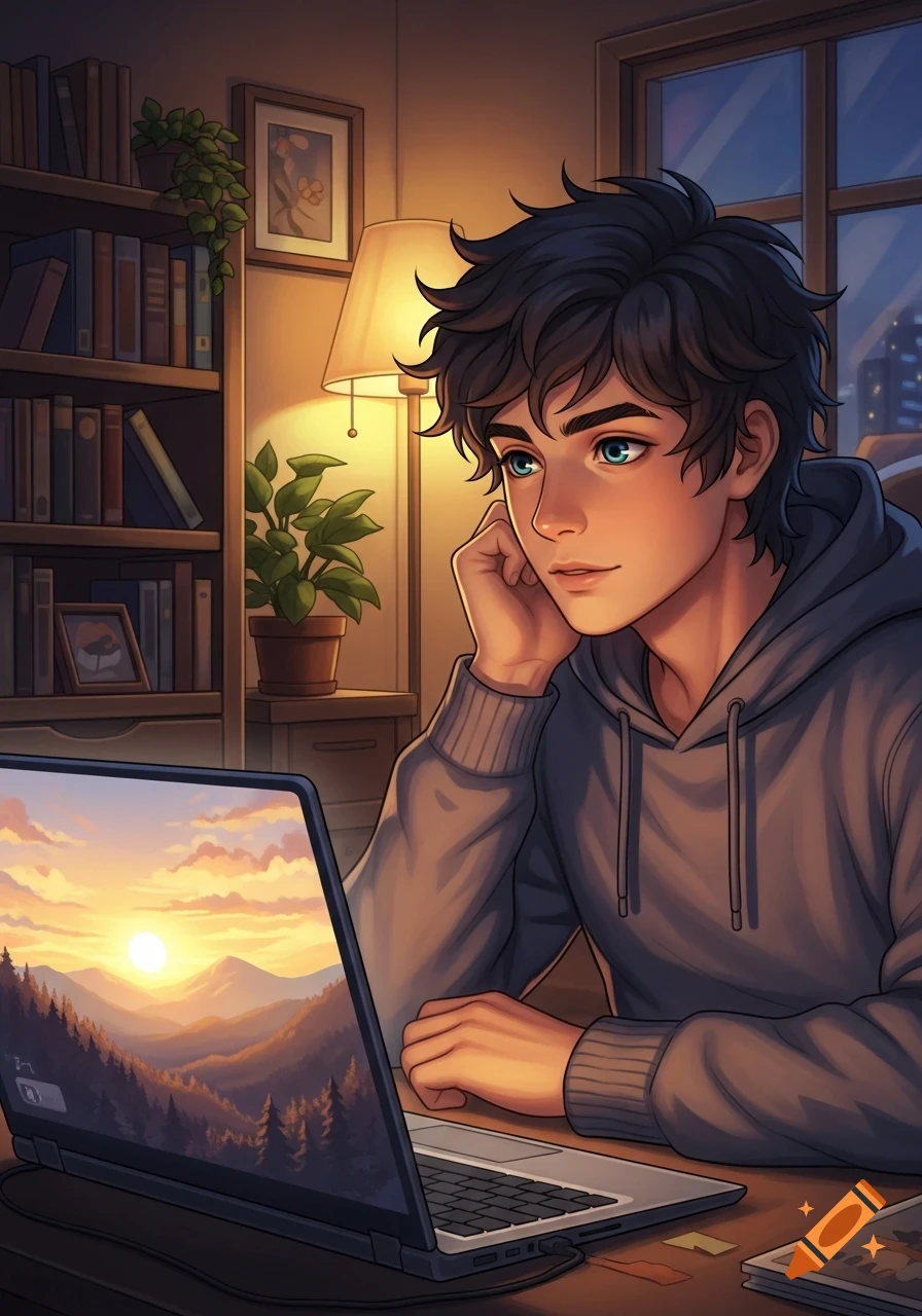 An anime-style boy with messy dark hair and blue eyes, wearing a gray hoodie, sits at a desk looking at a laptop screen displaying a sunset landscape.