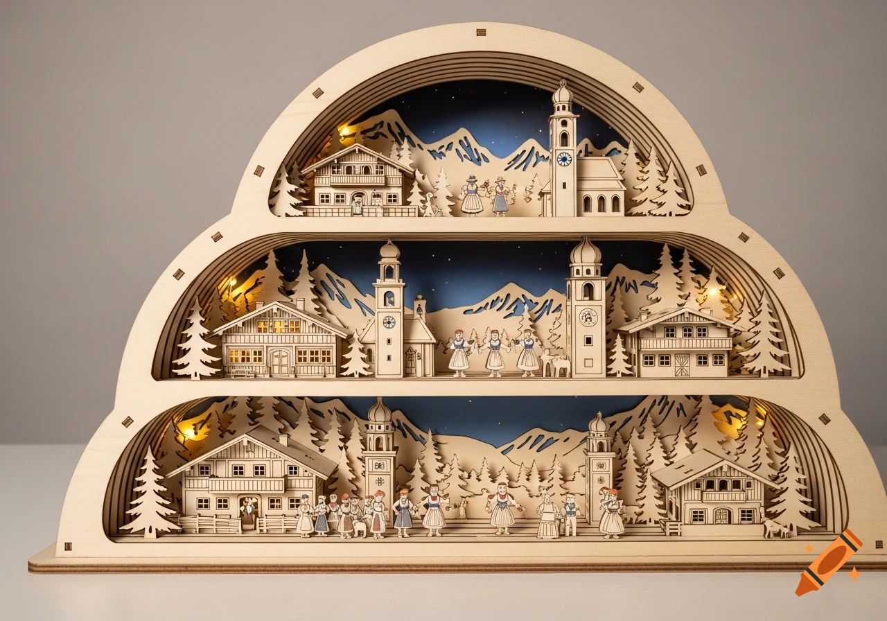 A multi-layered wooden Christmas arch (Schwibbogen) depicting a snowy village scene with houses, churches, and figures, illuminated against a dark blue background.