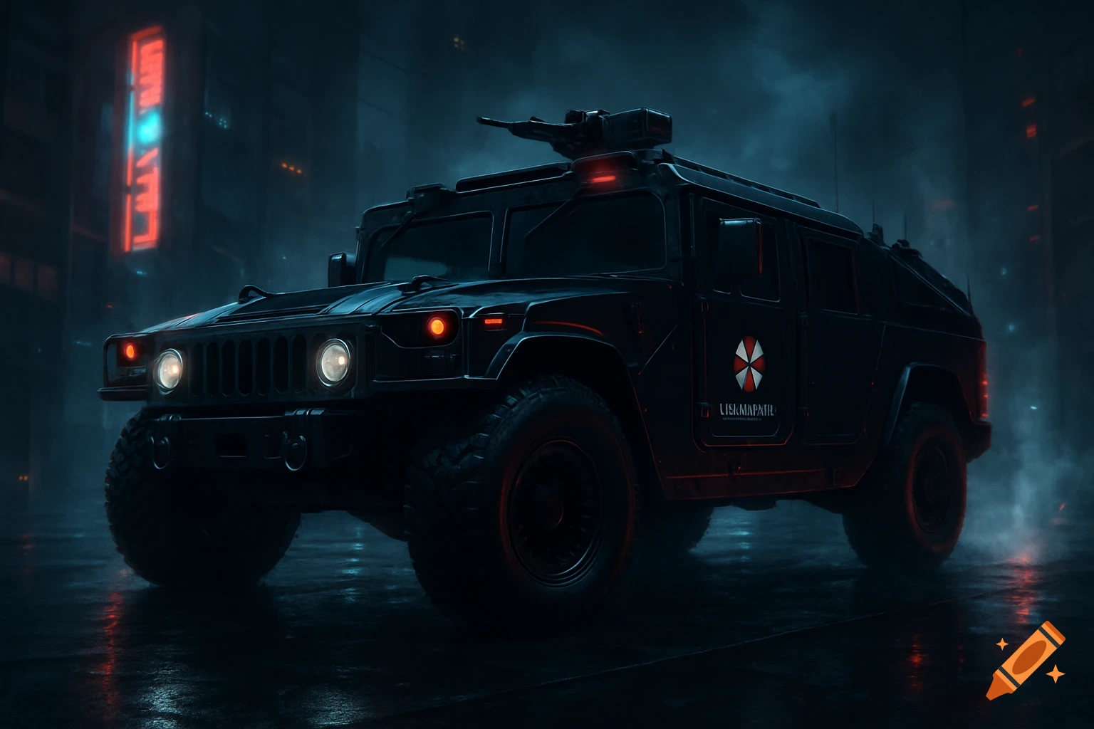 A dark, armored Humvee with the red and white Umbrella Corporation logo on its side, in a dimly lit, rainy city street at night with neon lights in the background. The vehicle has a gun turret on top.