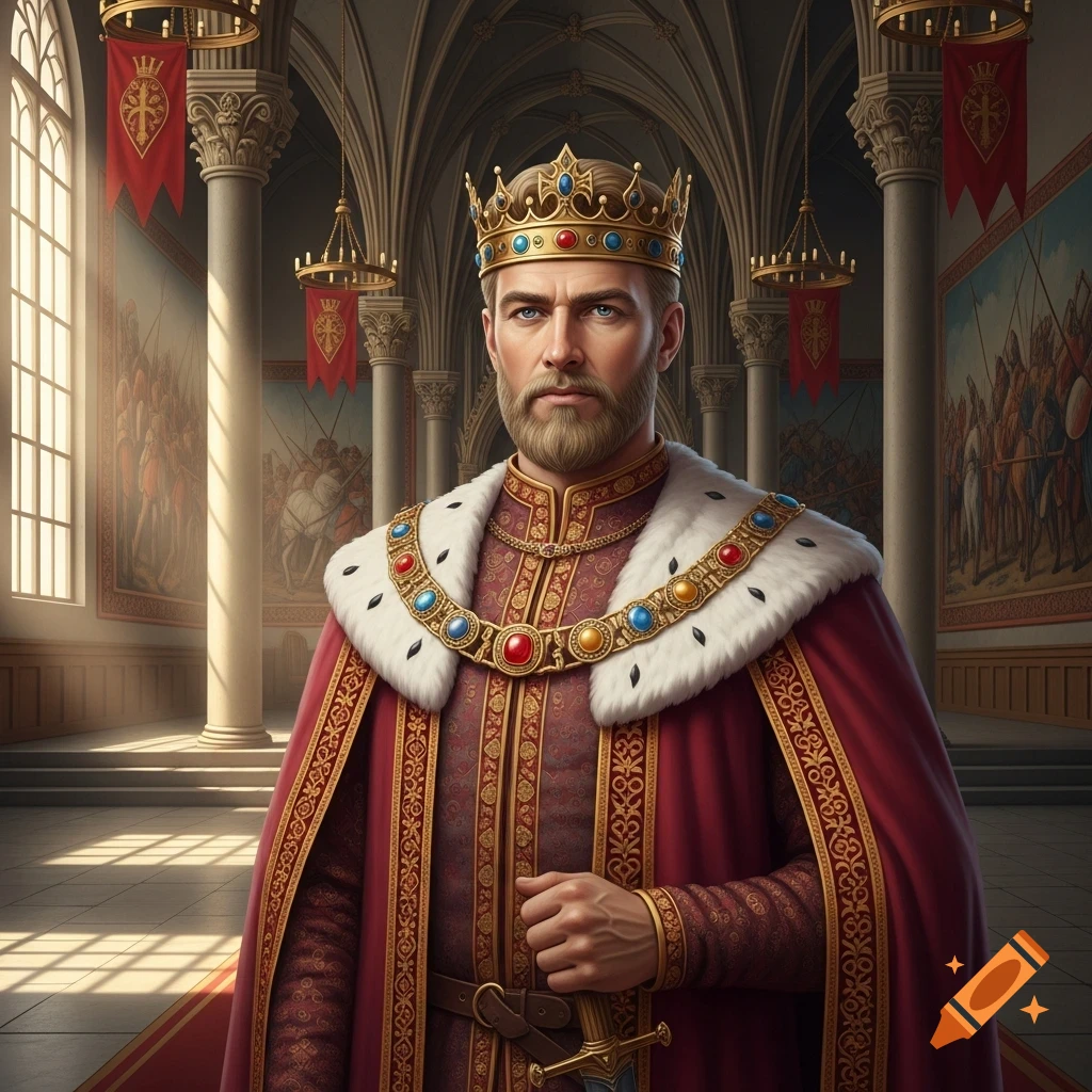 A regal king with a short beard and golden crown, dressed in a red and gold fur-trimmed robe, stands in a grand medieval hall.