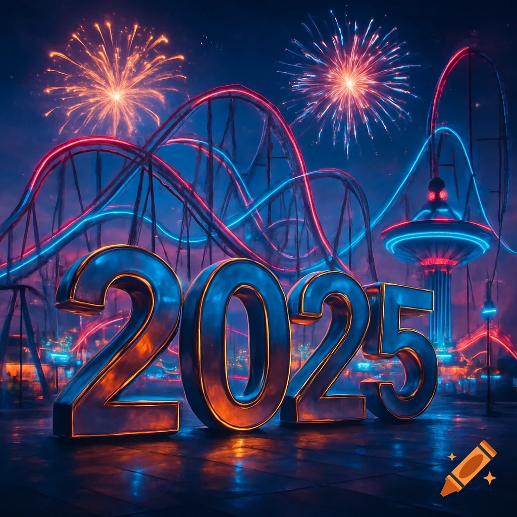 Metallic '2025' numbers glow with reflections in a neon-lit amusement park with rollercoasters and fireworks at night.