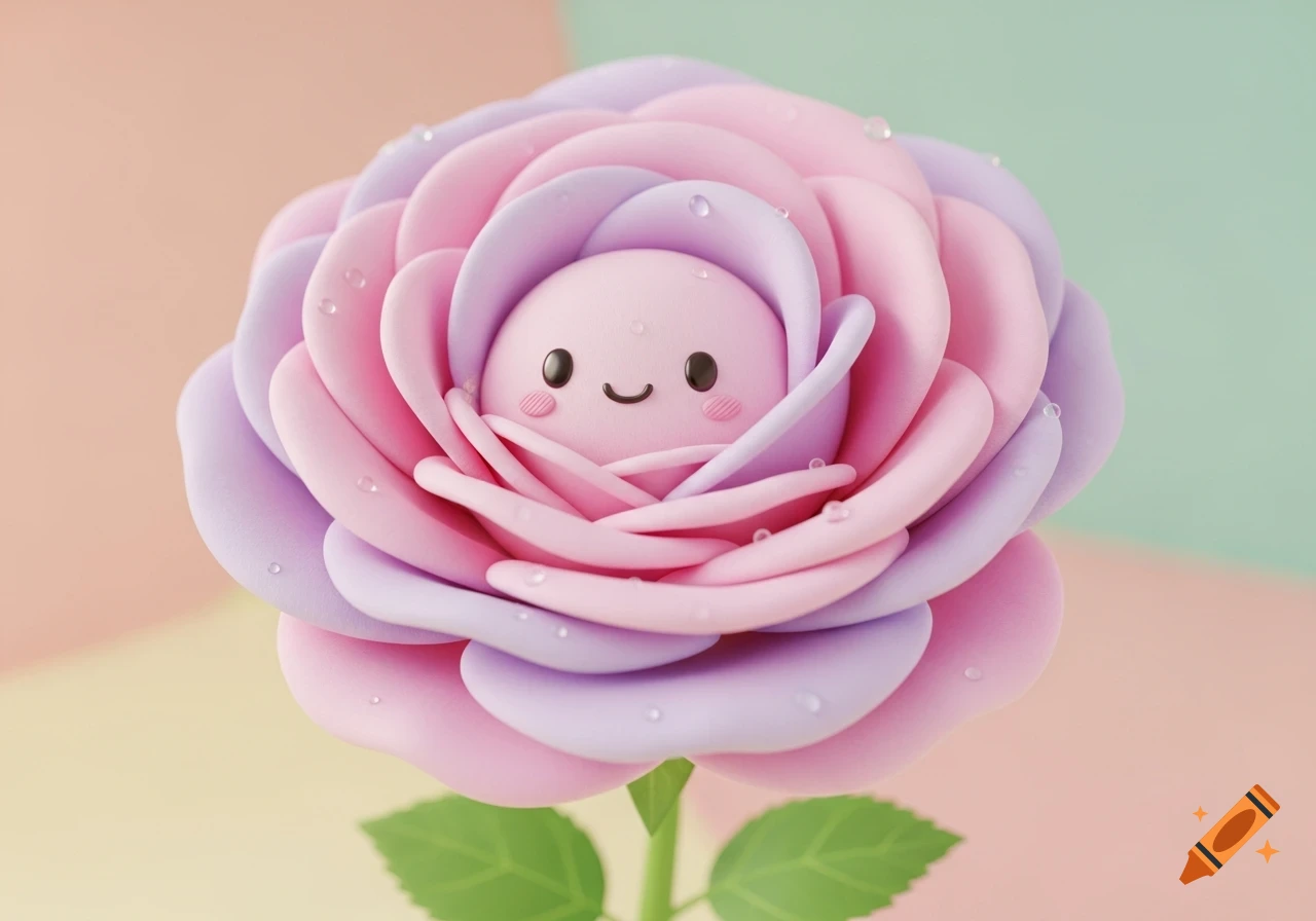 A cute 3D animation of a pastel pink and purple rose with a smiling face in its center, adorned with tiny water droplets.