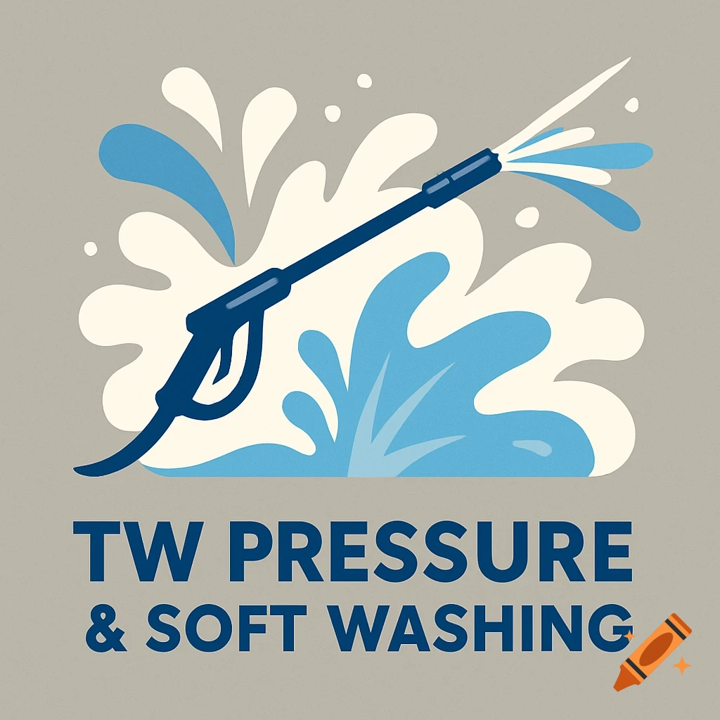 Stylized illustration of a pressure washer spraying water with the text 'TW Pressure & Soft Washing' below.