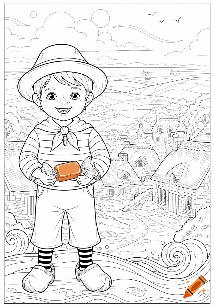 A cartoon boy in a hat and striped shirt holds a caramel candy, standing before a village with thatched roofs and the sea, in a coloring book line art style.