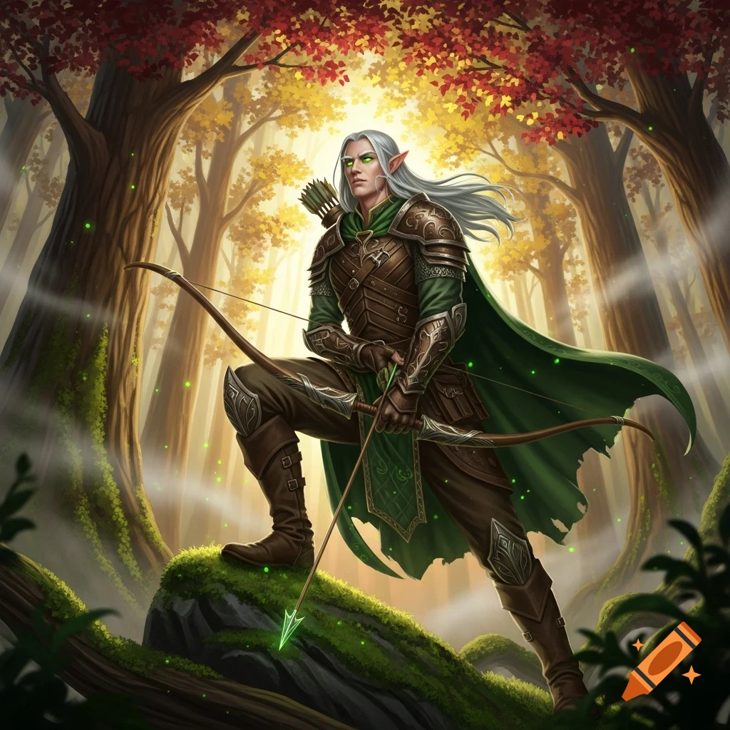 An elf archer with a bow and arrow in a magical forest with red and yellow leaves, digital fantasy art.