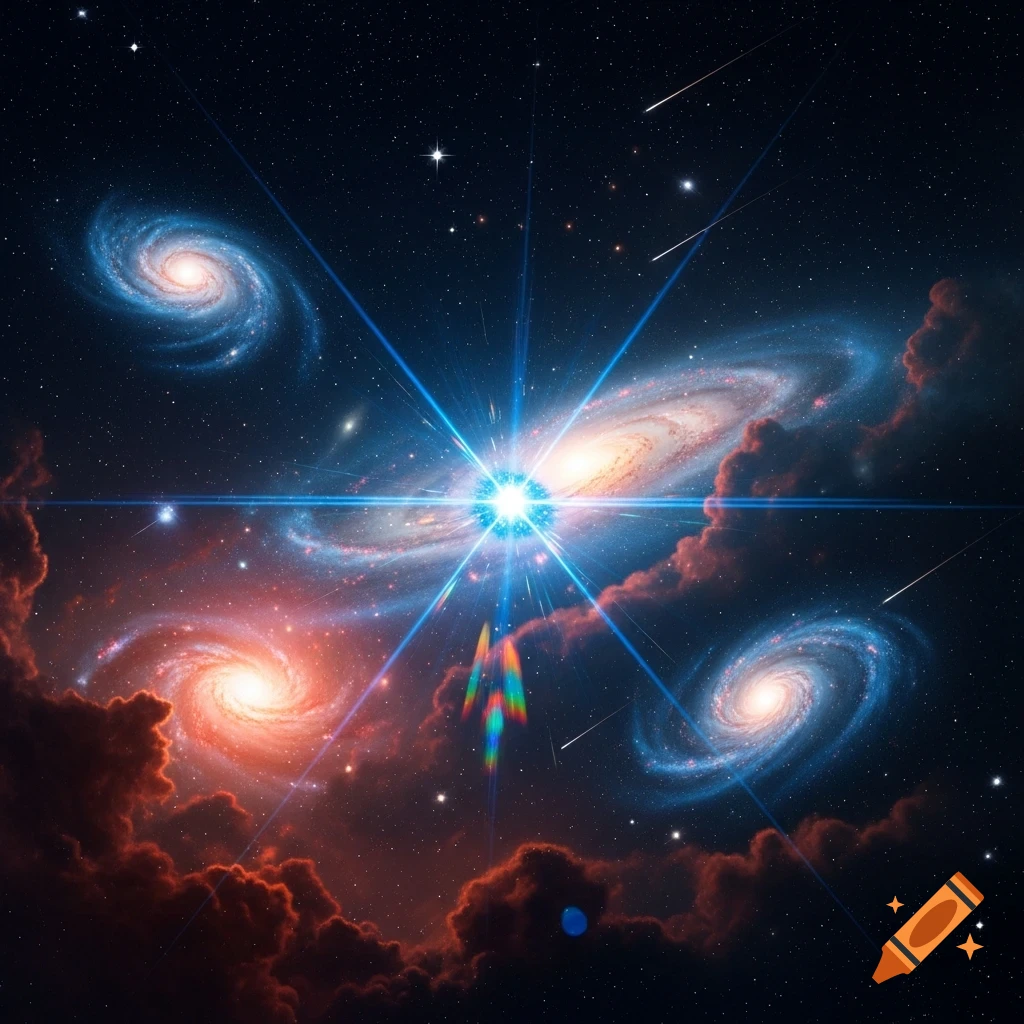 Vibrant cosmic scene with multiple spiral galaxies, a bright blue central star, and red nebulae in a starry dark sky.