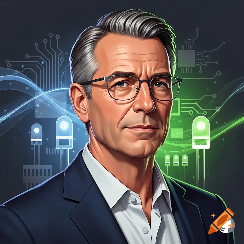Digitally illustrated portrait of a middle-aged man with gray hair and glasses in a suit, against a background of glowing circuit patterns and LEDs.