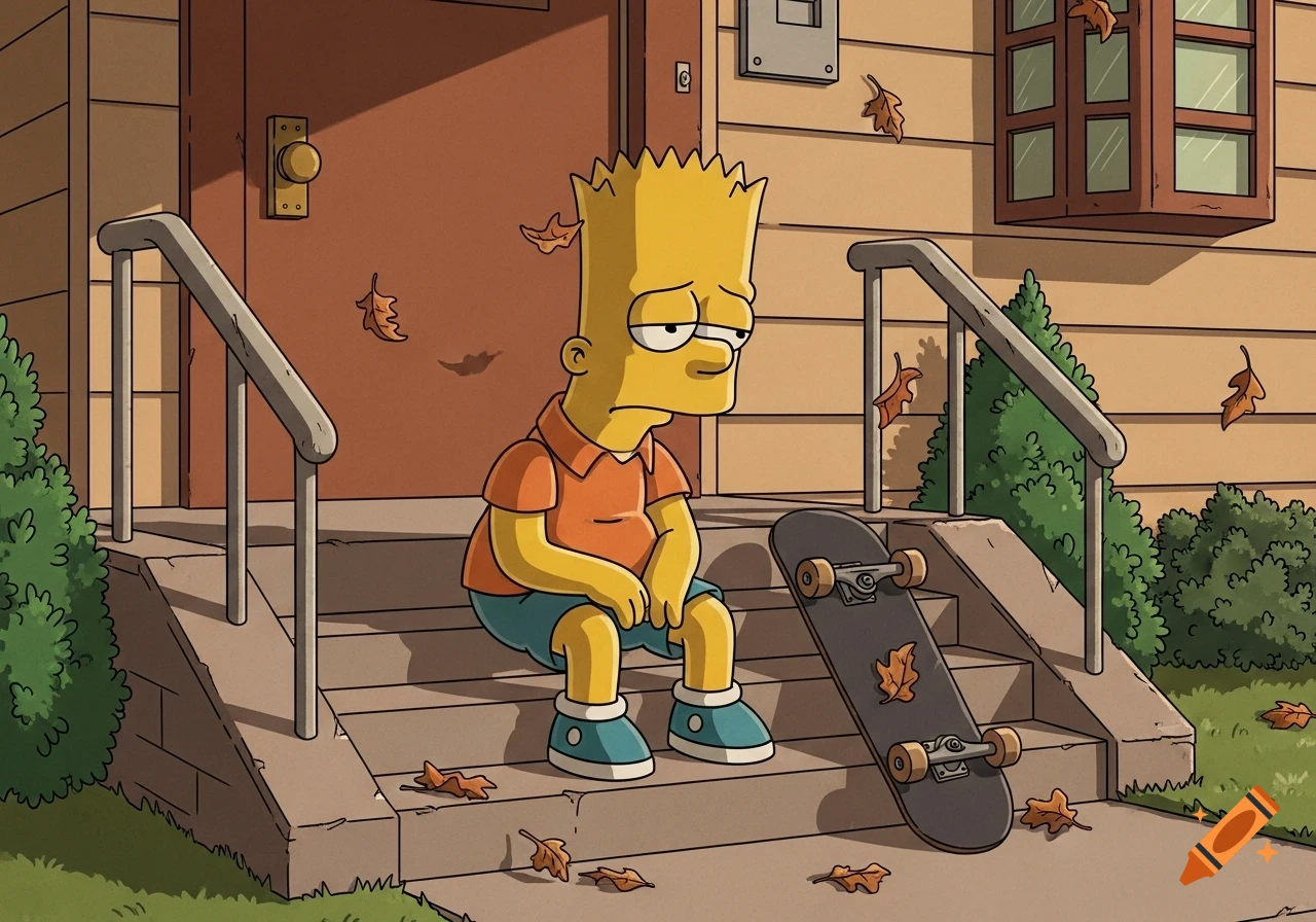 Sad Bart Simpson sits on concrete steps next to his skateboard, surrounded by falling autumn leaves in a cartoon style.