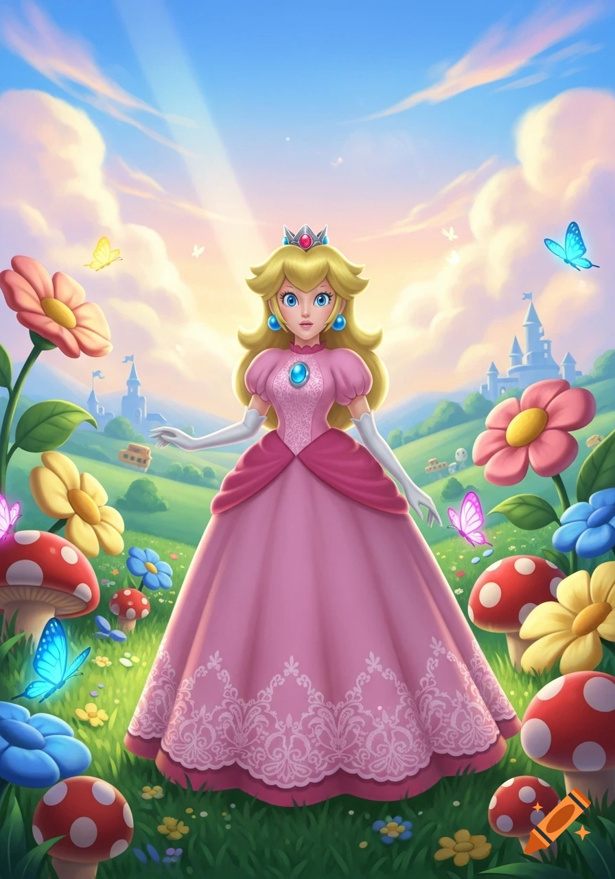 Princess Peach in a pink gown stands in a vibrant, sunny fairytale landscape with colorful flowers, mushrooms, butterflies, and a distant castle.