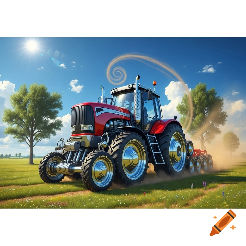 A red tractor with shiny wheels drives through a green field, kicking up dust under a bright blue sky.