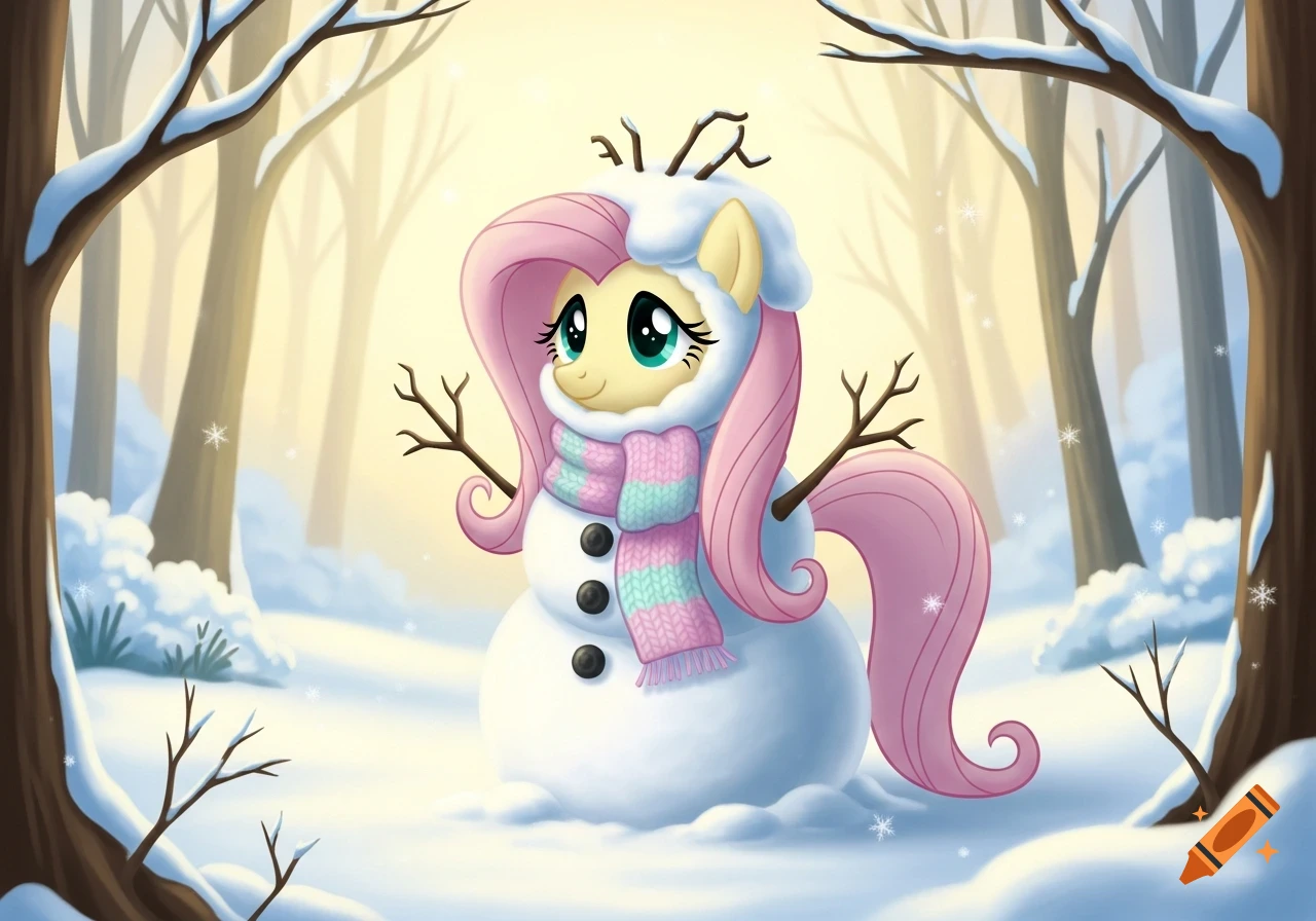 My Little Pony's Fluttershy, depicted as a snowman with her face peeking out, in a peaceful winter forest.