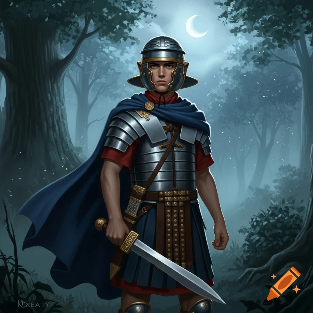 An illustration of a Roman legionary in full armor, holding a sword, standing in a dark, moonlit forest.