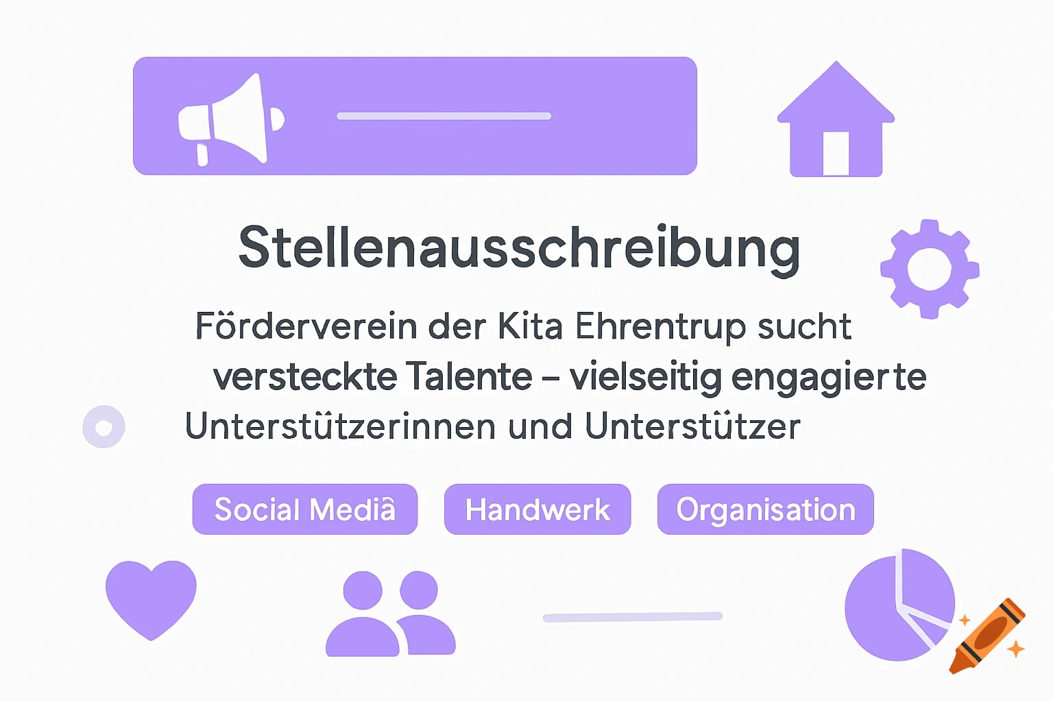 A professional-looking flat-lay style visual for a job posting, featuring text about a kindergarten support association and various purple icons.