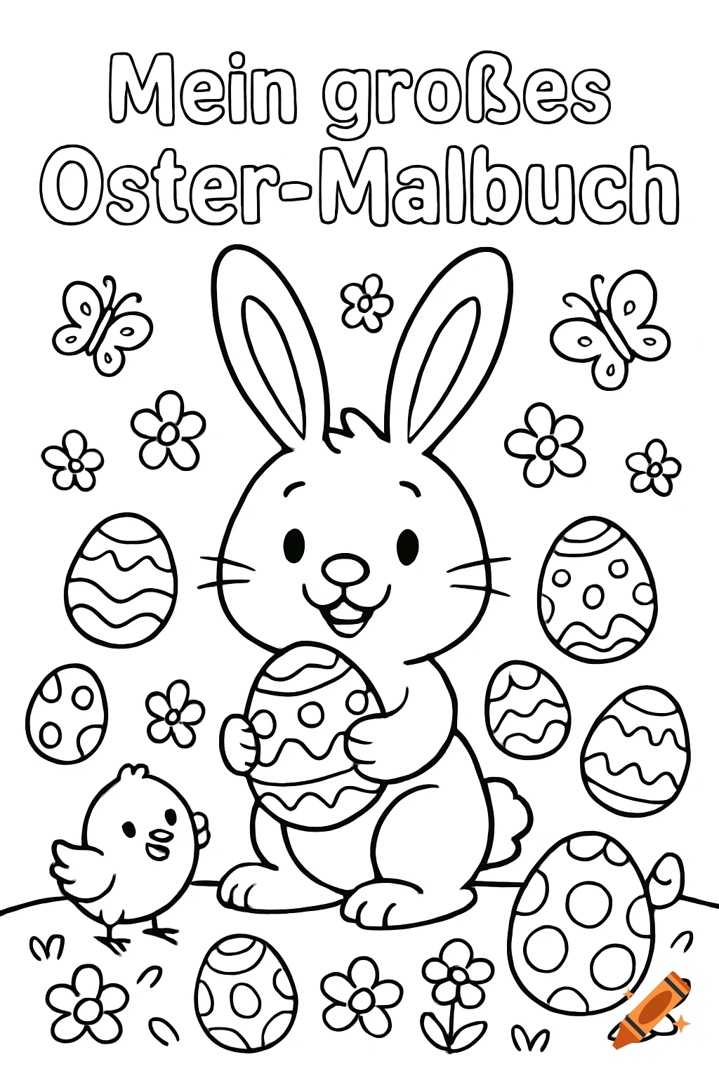 Black and white Easter coloring page with a happy bunny holding an egg, surrounded by eggs, a chick, butterflies, and flowers, titled 'Mein großes Oster-Malbuch'.