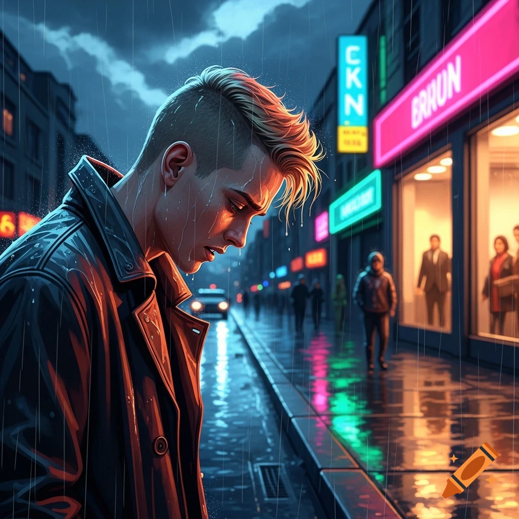 Young blond man with an undercut looks down sadly in a rainy, neon-lit city street at night, in a graphic novel art style.