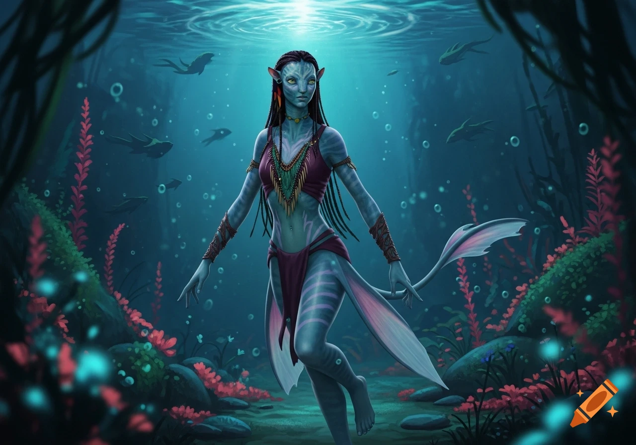 Digital painting of a teal-skinned Water tribe Na'vi female floating underwater amidst glowing red plants and fish.