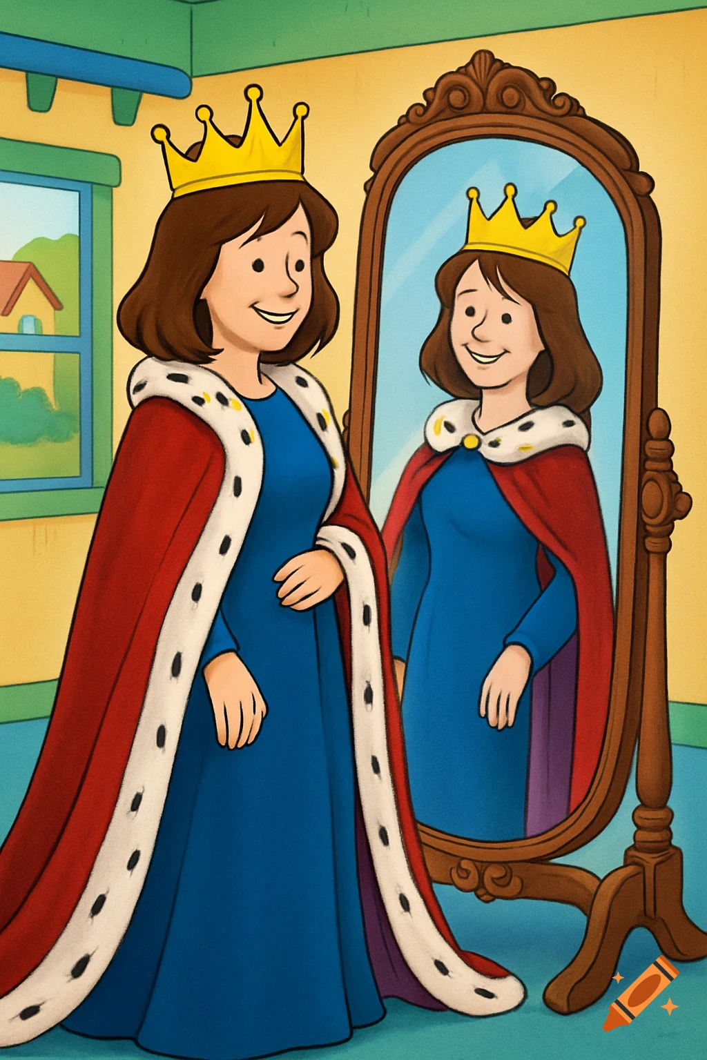 A smiling cartoon woman with brown hair, wearing a golden crown, a blue gown, and a red cloak with white fur trim, looks at her reflection in a standing mirror.