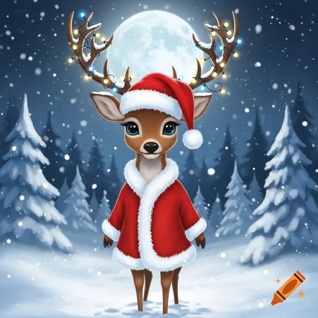 A cute cartoon deer wearing a Santa hat and coat stands in a snowy forest under a full moon, with glowing Christmas lights on its antlers.