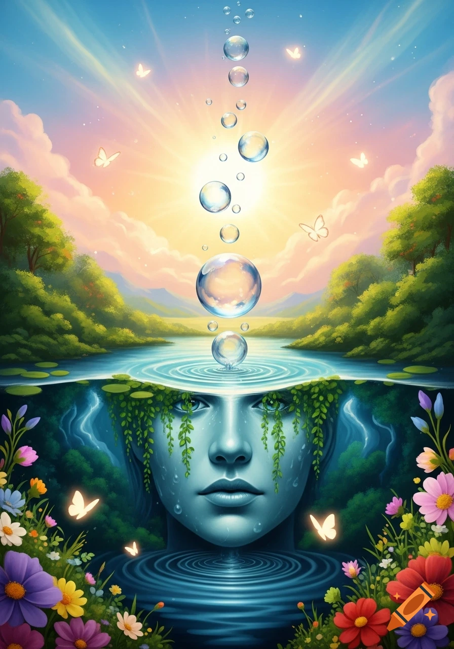A surreal digital artwork featuring a serene face emerging from water, surrounded by flowers, butterflies, and a sunny sky with bubbles.
