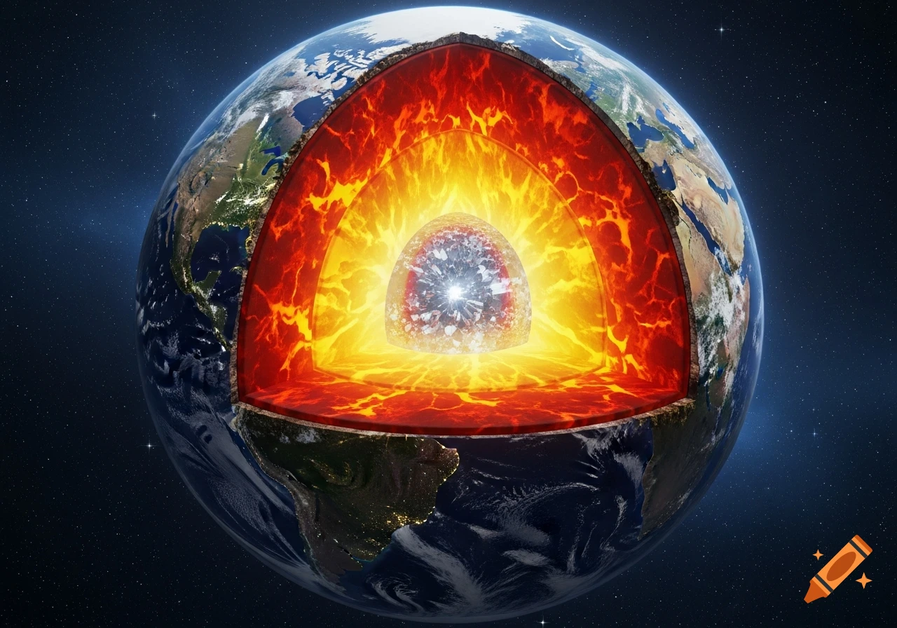 Cross-section of Earth showing its layers: blue and green surface, red-orange mantle, yellow outer core, and sparkling crystalline inner core against a starry space background.