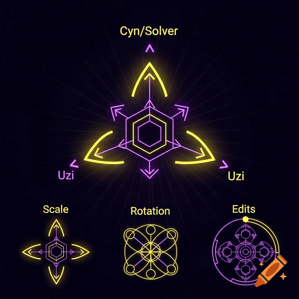 Abstract glowing purple and yellow geometric symbols, with text labels Cyn/Solver, Uzi, Scale, Rotation, and Edits, on a dark background.