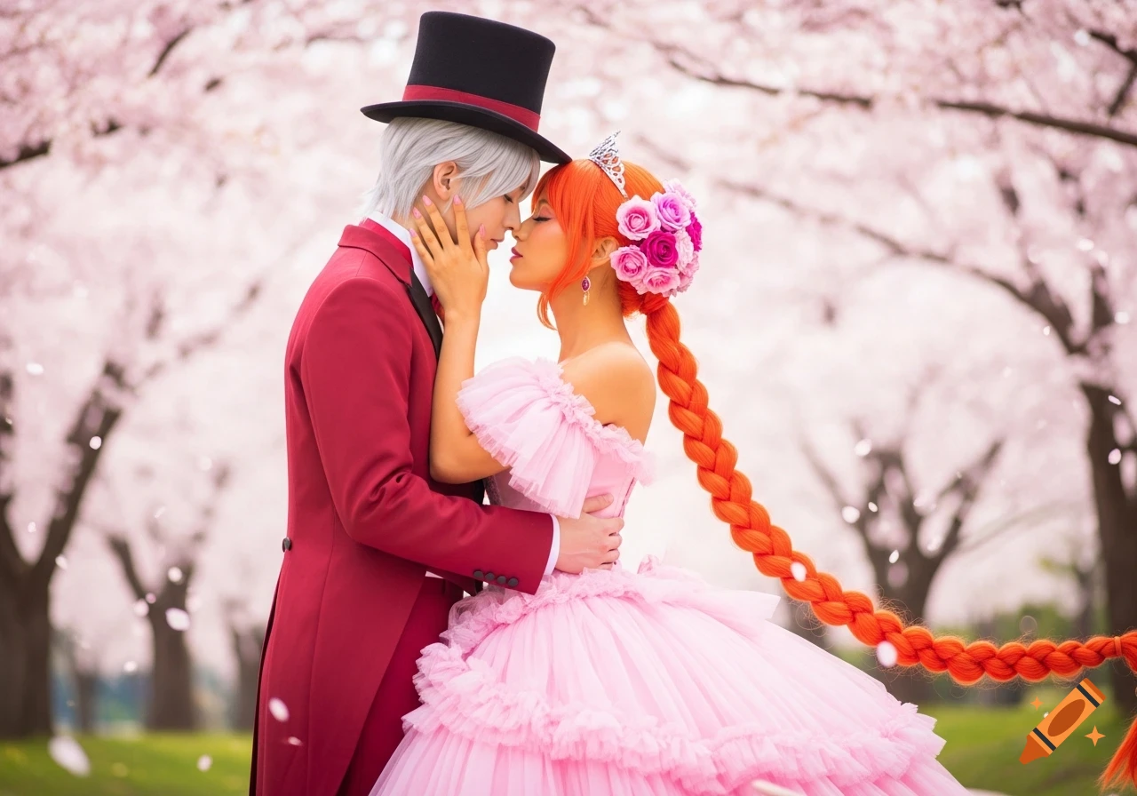 A stylized couple embraces under cherry blossom trees. He wears a red tuxedo and top hat, she a pink gown with a long orange braid.